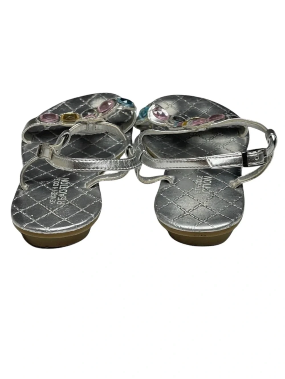 Reaction Kenneth Cole 𖦹 Crystal T Strap Flat Sandals 𖦹 Silver + Crystals 𖦹 2M